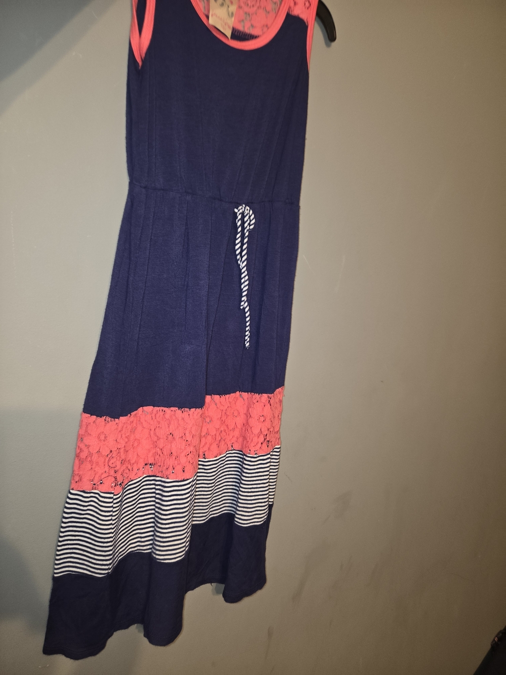 Navy & Coral Lace-Trim girls Size 8 summer Dress with Striped Hem